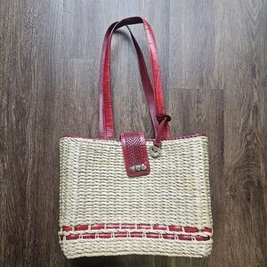 Brighton Raffia Woven Tote Bag with Red Leather Straps and Accents Heart Charms